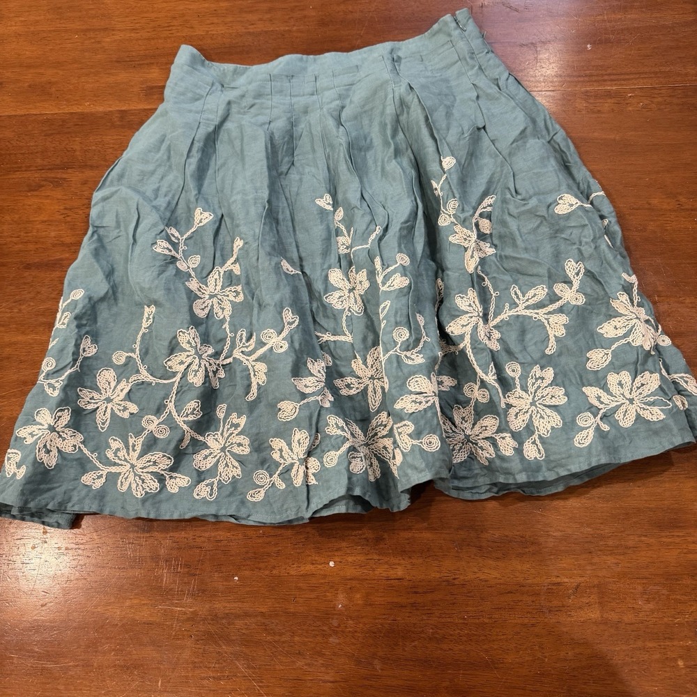 Talbots Floral Embroidered Skirt 100% Linen Teal Lined Cottagecore Sz 10 FLAW